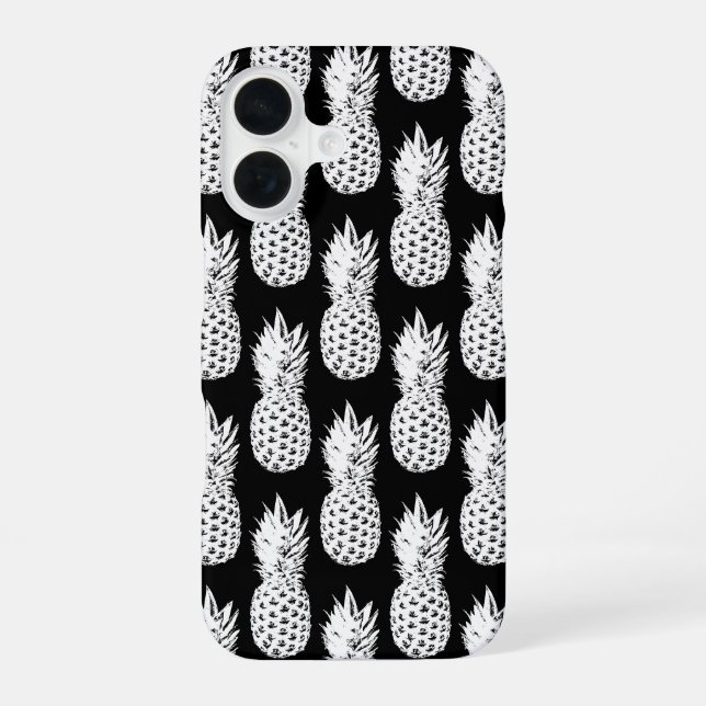 Black and white pineapple pattern iPhone 16 case (Back)