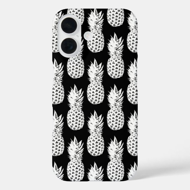 Black and white pineapple pattern iPhone 16 case (Back)