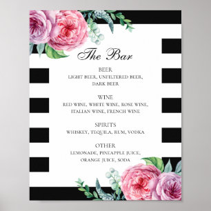 Black and white pink boho floral wedding drinks poster