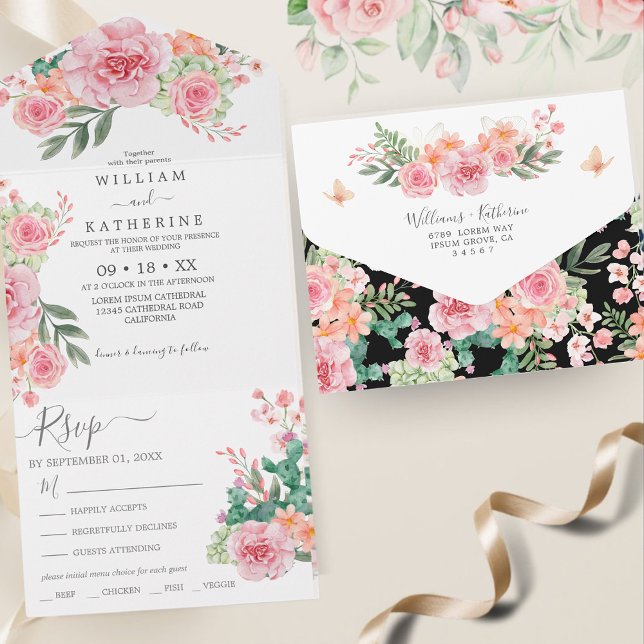 Black and white pink floral Budget Wedding All In One Invitation (Creator Uploaded)