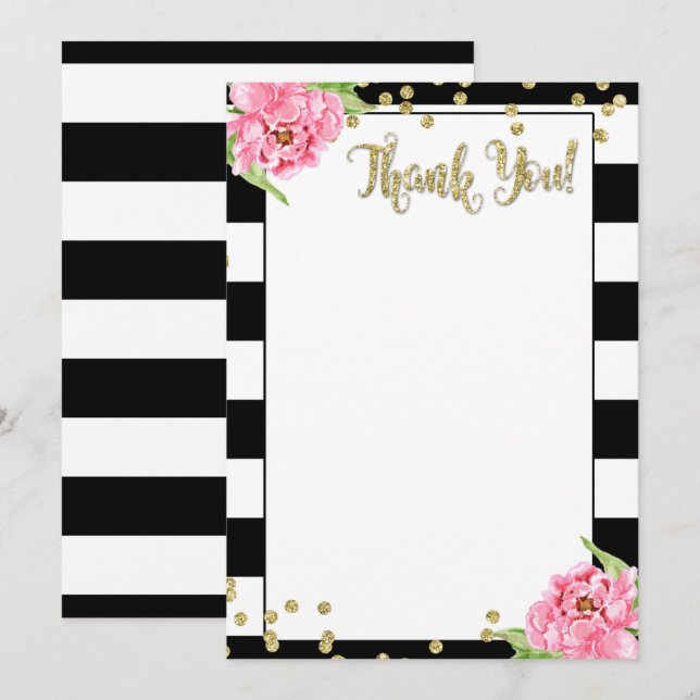 Black and White Pink Peony Thank You Card (Front/Back)