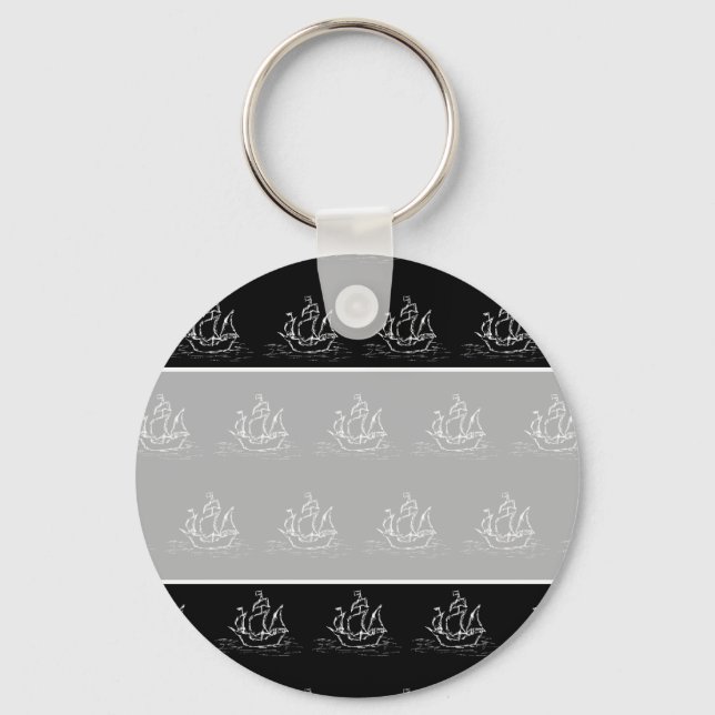 Black and White Pirate Ship Pattern. Key Ring (Front)