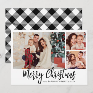Black and White Plaid 3 Photo Collage Christmas  Holiday Card