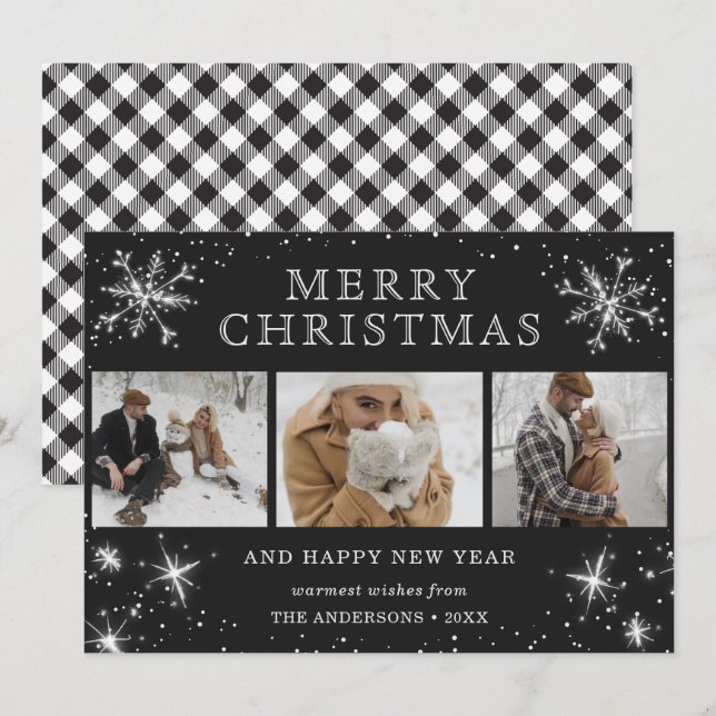 Black and White Plaid 3 Photo Holiday Cards (Front/Back)