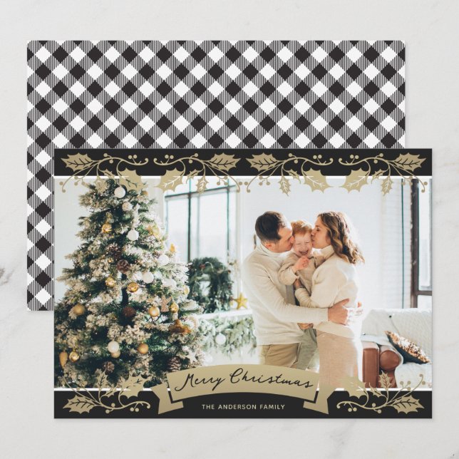 Black and White Plaid Botanical Photo Christmas Holiday Card (Front/Back)