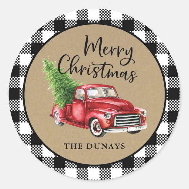 Black and White Plaid Christmas Sticker (Front)