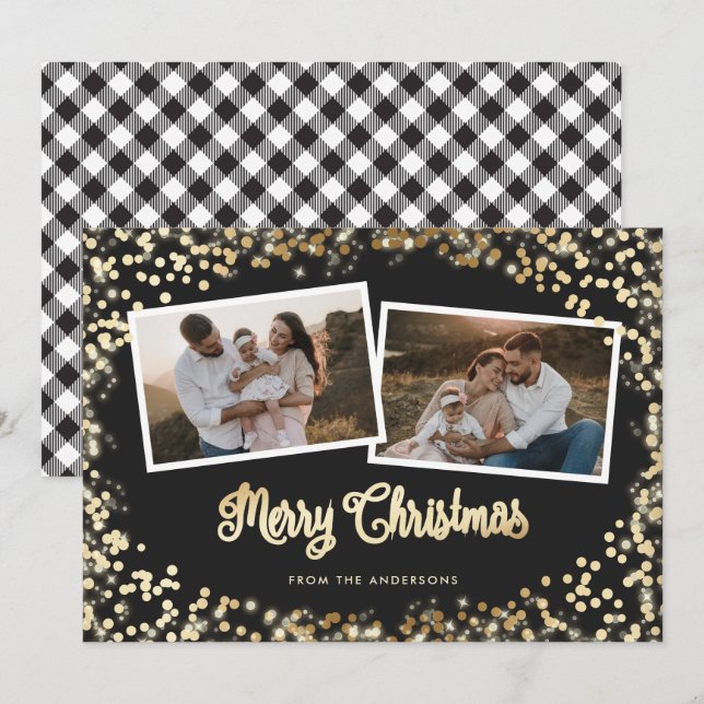 Black and White Plaid Gold Photo Merry Christmas Holiday Card (Front/Back)