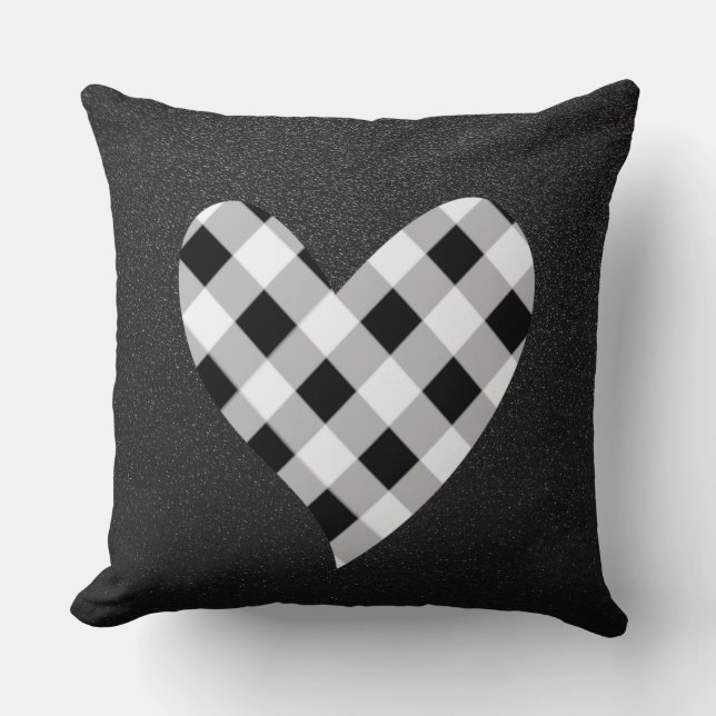 Black and White Plaid Heart Throw Pillow (Front)