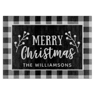 Black and White Plaid Merry Christmas Cutting Board