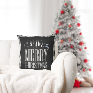 Black and White Plaid Merry Christmas Holiday Cushion