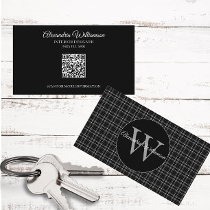Black and White Plaid Monogram  Business Card