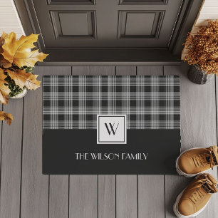 Black And White Plaid Monogram Doormat