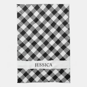 Black and white plaid monogram tea towel