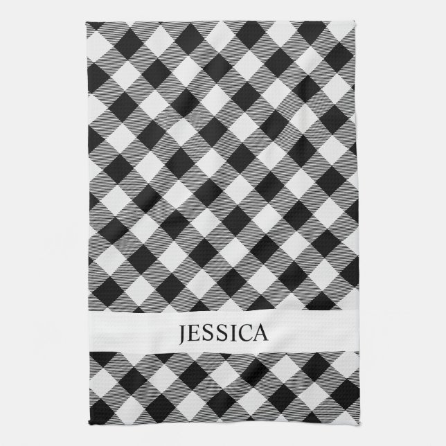 Black and white plaid monogram tea towel (Vertical)