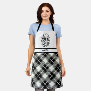 Black and White Plaid Name Baking Queen Apron