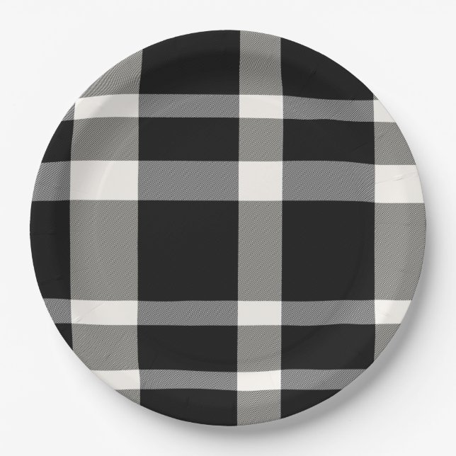 Black and White Plaid Paper Plate (Front)