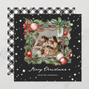 Black and White Plaid Photo Merry Christmas Card