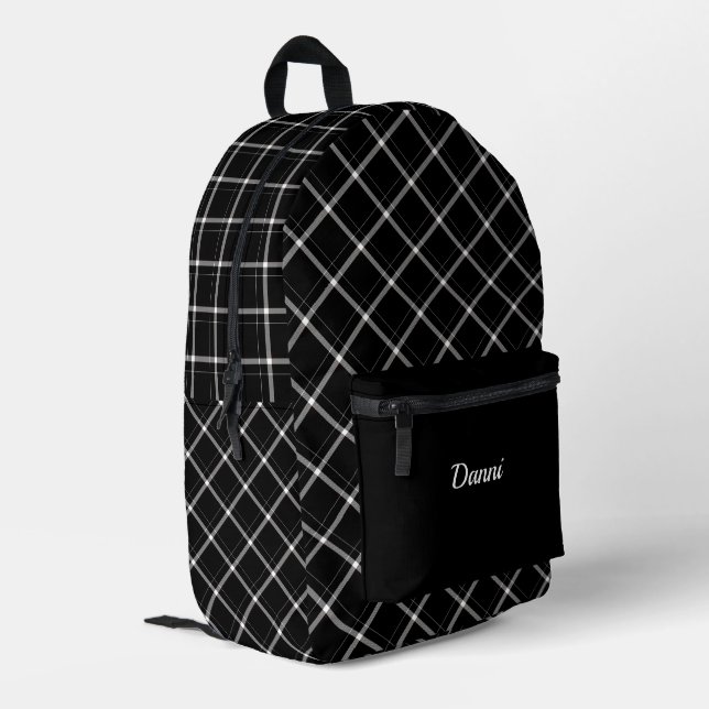 Black and White Plaid  Printed Backpack (Back Corner Left)