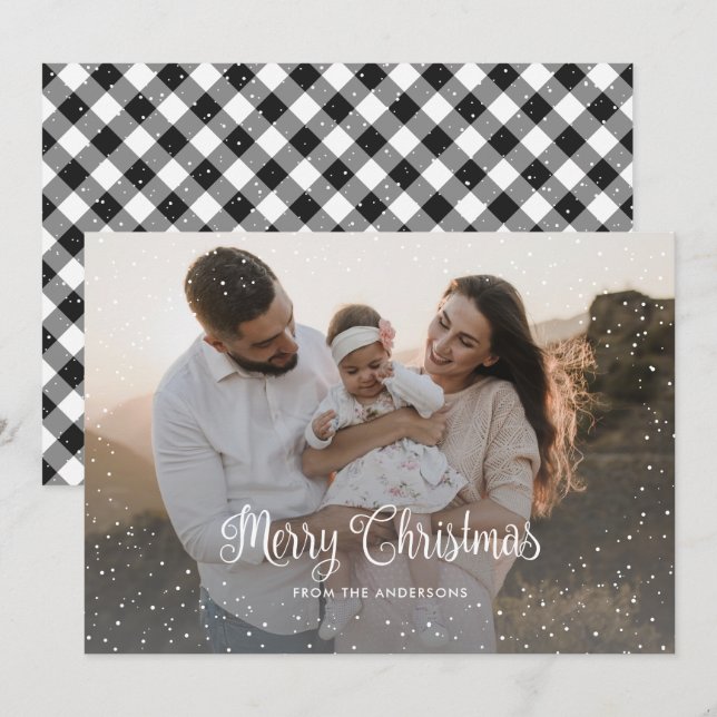Black and White Plaid Snow Photo Christmas Card (Front/Back)