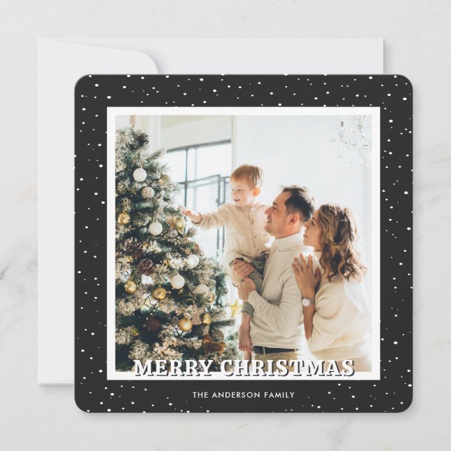 Black and White Plaid Snow Photo Merry Christmas Holiday Card (Front)