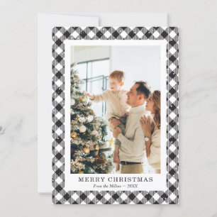 Black and White Plaid Snow Photo Merry Christmas Holiday Card