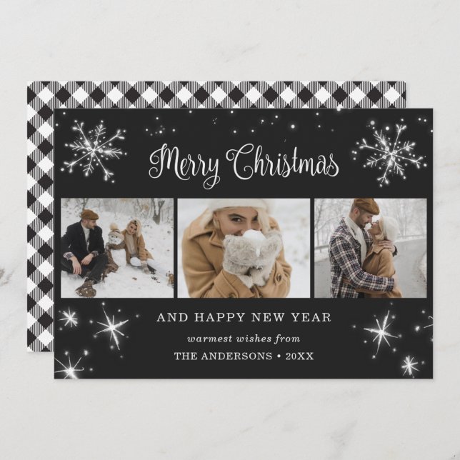 Black and White Plaid Snowflake 3 Photo Collage Holiday Card (Front/Back)