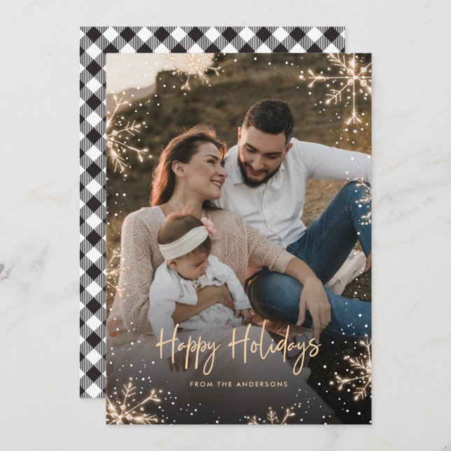 Black and White Plaid Sparkly Snowflake Snow Photo Holiday Card (Front/Back)