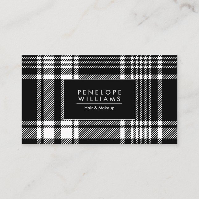 Black and White Plaid Tartan Business Card (Front)