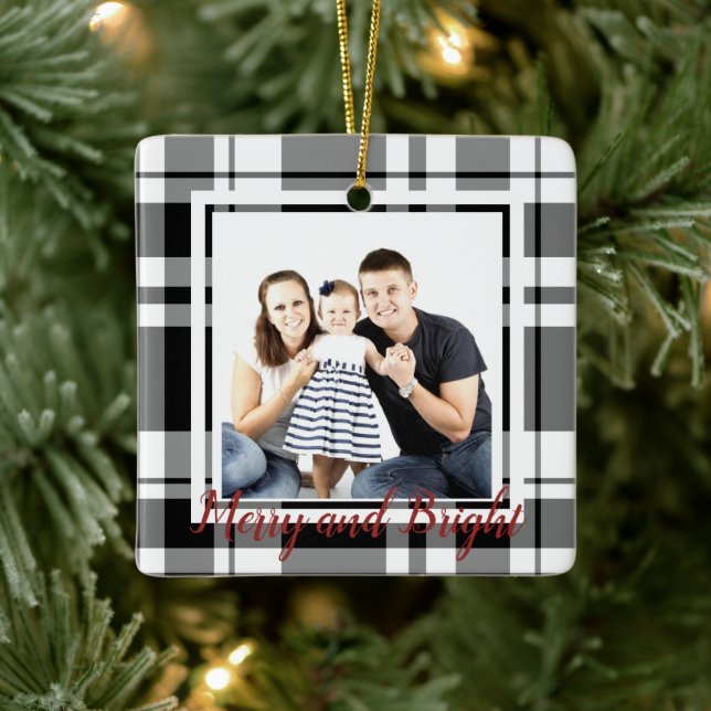 Black and White Plaid Tartan Photo Ornament (Tree)