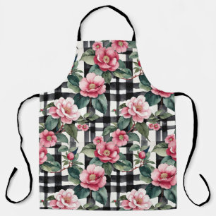 Black and White Plaid With Leafy Pink Camellias Apron