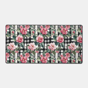 Black and White Plaid With Leafy Pink Camellias Desk Mat
