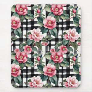 Black and White Plaid With Leafy Pink Camellias Mouse Mat