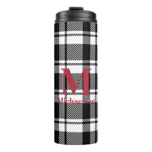 Black and White Plaid with Monogram Name  Thermal Tumbler