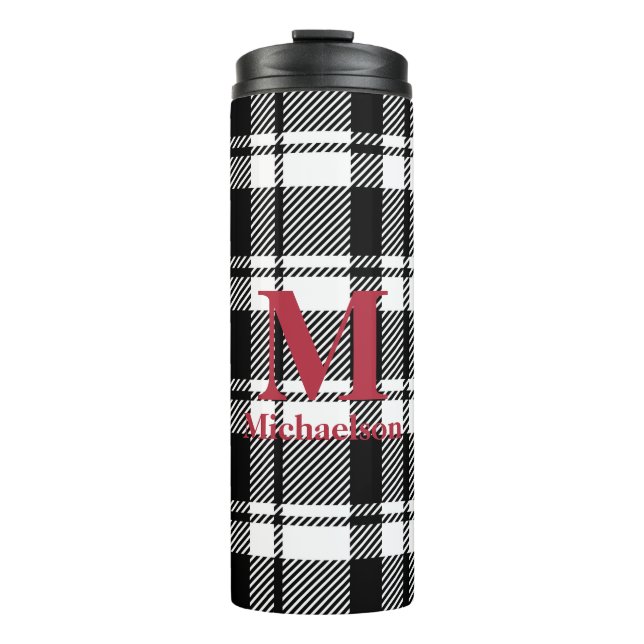 Black and White Plaid with Monogram Name  Thermal Tumbler (Front)