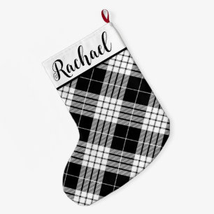 Black and White Plaid with Name Large Christmas Stocking