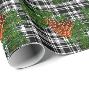 Black and white Plaid with Pine-cone detail Wrapping Paper
