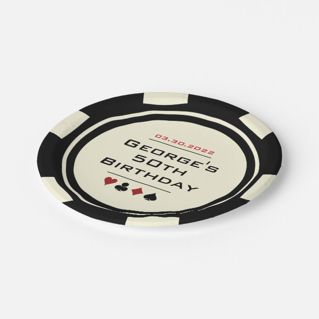 Black and White Poker Chip Casino Theme Birthday Paper Plate (Angled)