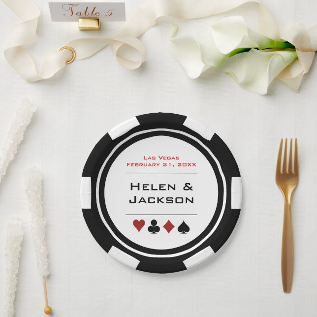 Black and White Poker Chip Las Vegas Wedding Paper Plate (Wedding)