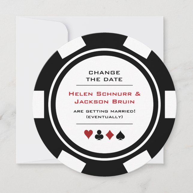 Black and White Poker Chip Wedding Change The Date (Front)