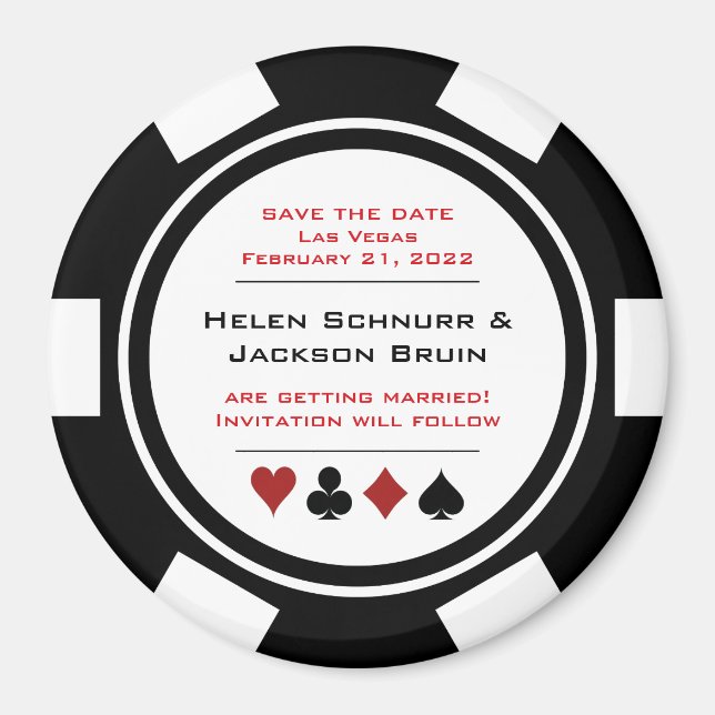Black and White Poker Chip Wedding Save The Date Magnet (Front)