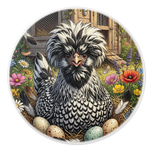 Black and White Polish Chicken Coop Ceramic Knob