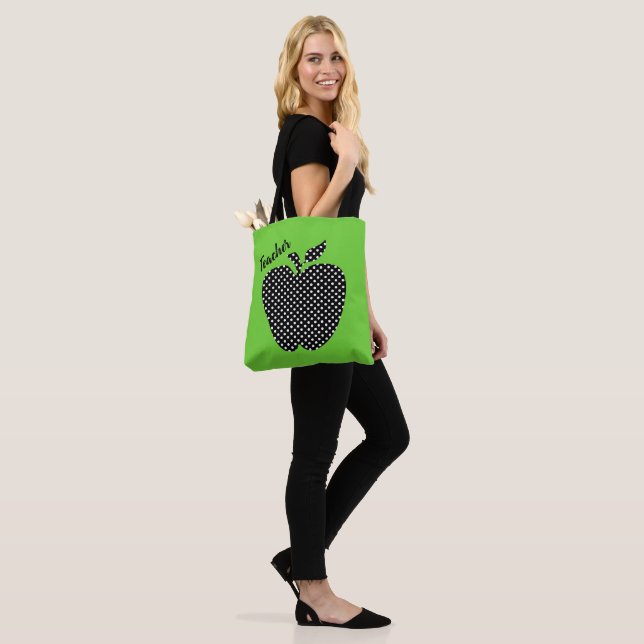 Black and White Polka Dot Apple Green Teachers  Tote Bag (On Model)