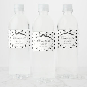 Black and White Polka Dot Bow 21st Birthday Party Water Bottle Label