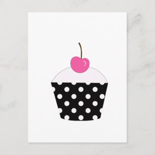 Black and White Polka Dot Cupcake With Pink Cherry Postcard