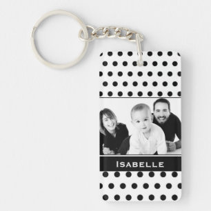 Black and White Polka Dot Custom Photo and Text Key Ring