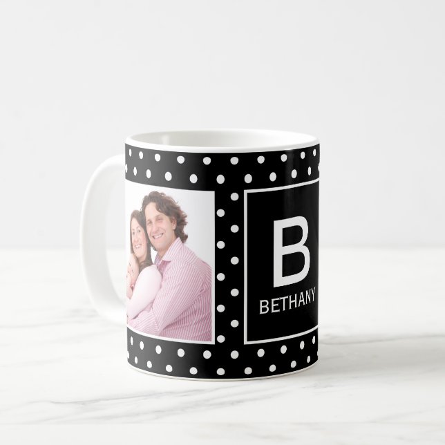 Black and White Polka Dot Custom Photo Monogram Coffee Mug (Front Left)