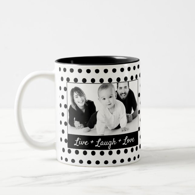 Black and White Polka Dot Custom Photo Two-Tone Coffee Mug (Left)