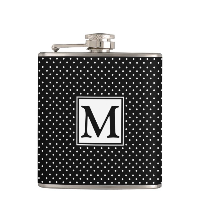 Black and White Polka Dot Modern Monogram Hip Flask (Front)