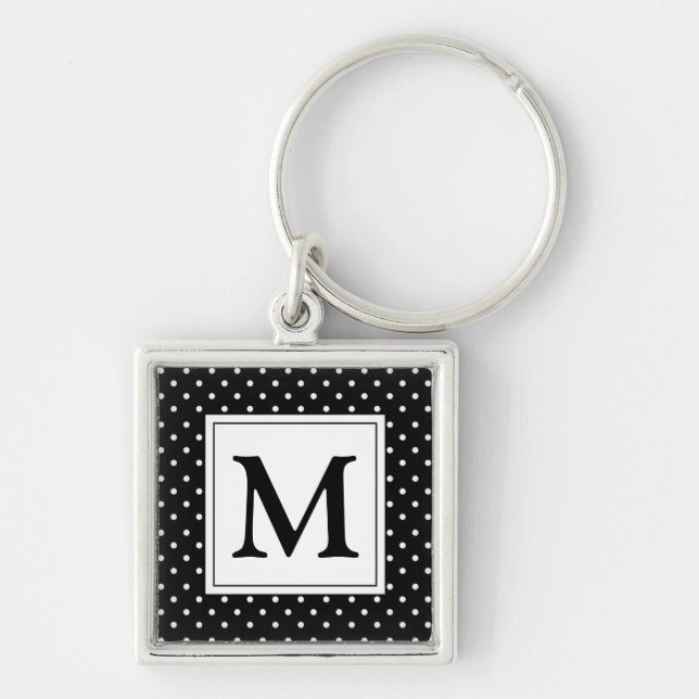 Black and White Polka Dot Modern Monogram Key Ring (Front)