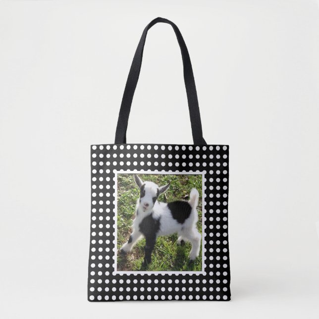 Black and White Polka Dot Nigerian Dwarf Goat Kid Tote Bag (Front)